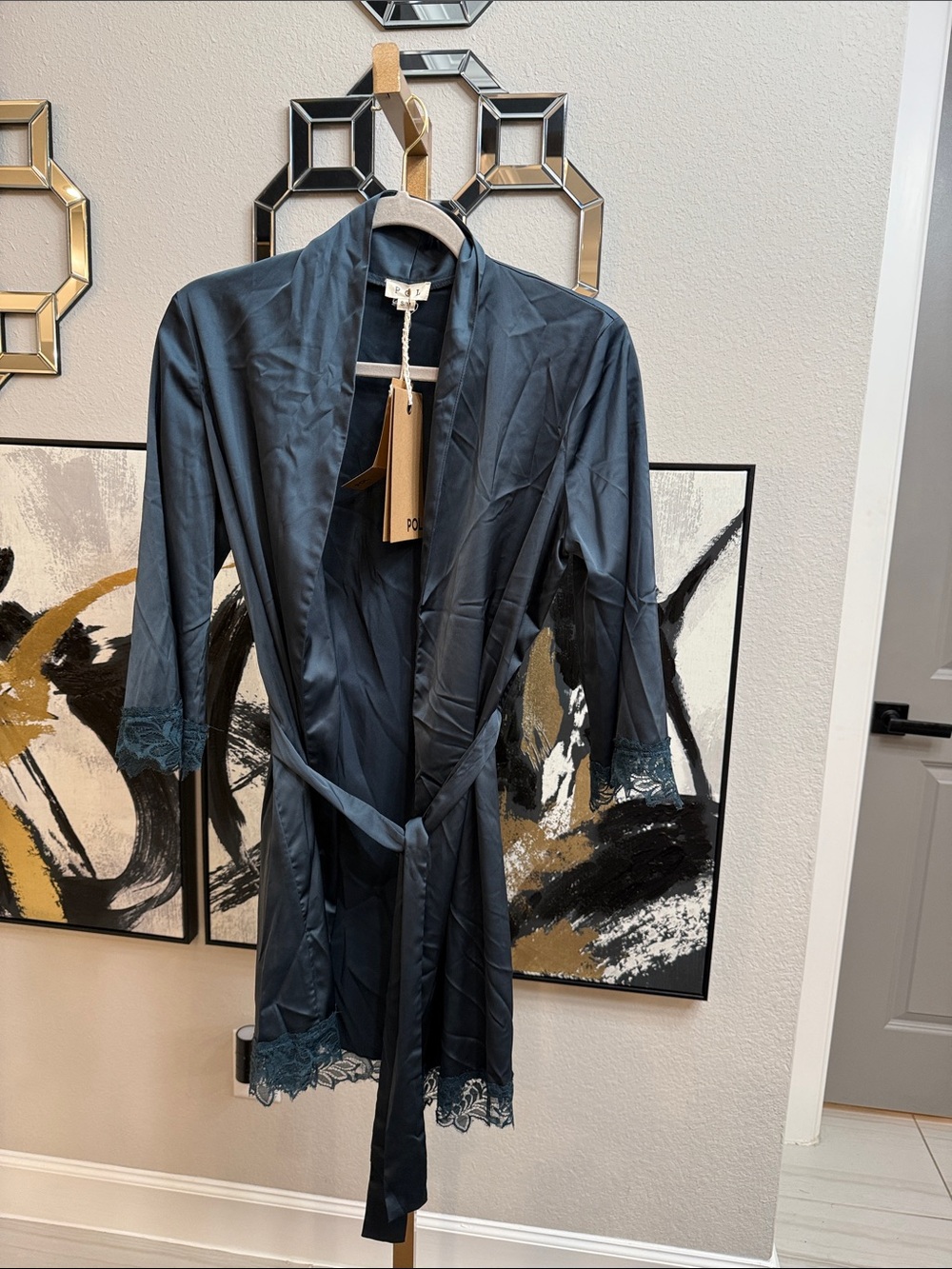 POL Satin Open-Front Jacket in Slate Blue